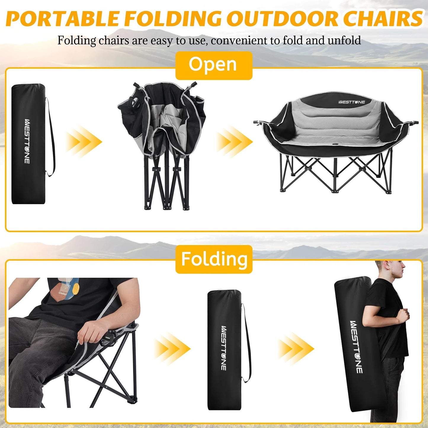 WESTTUNE Double Camping Chair Oversized Loveseat Outdoor Couch Heavy Duty Outdoor Folding Chair with Cup Holder Support 440 lbs