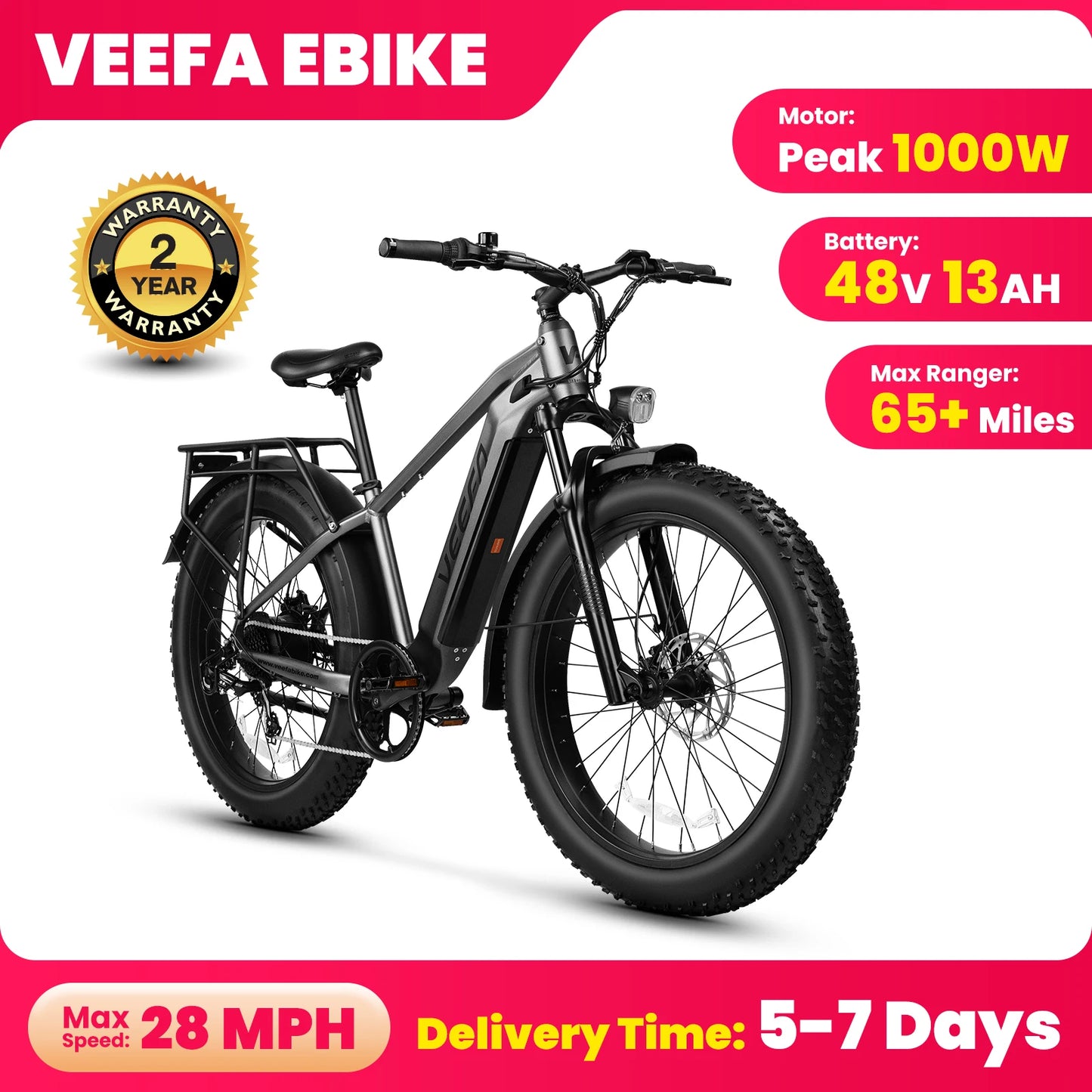 VEEFA Peak 1000W Electric Bike for Adults 48V 13Ah Removable Battery 26'' Fat Tire E Bike 28mph Mountain Ebike