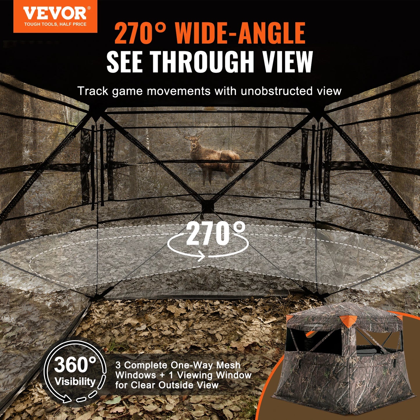 VEVOR Hunting Blind 270° See Through Ground Blind 4-5 Person Pop Up Deer Blind for Hunting Portable for Turkey and Deer Hunting