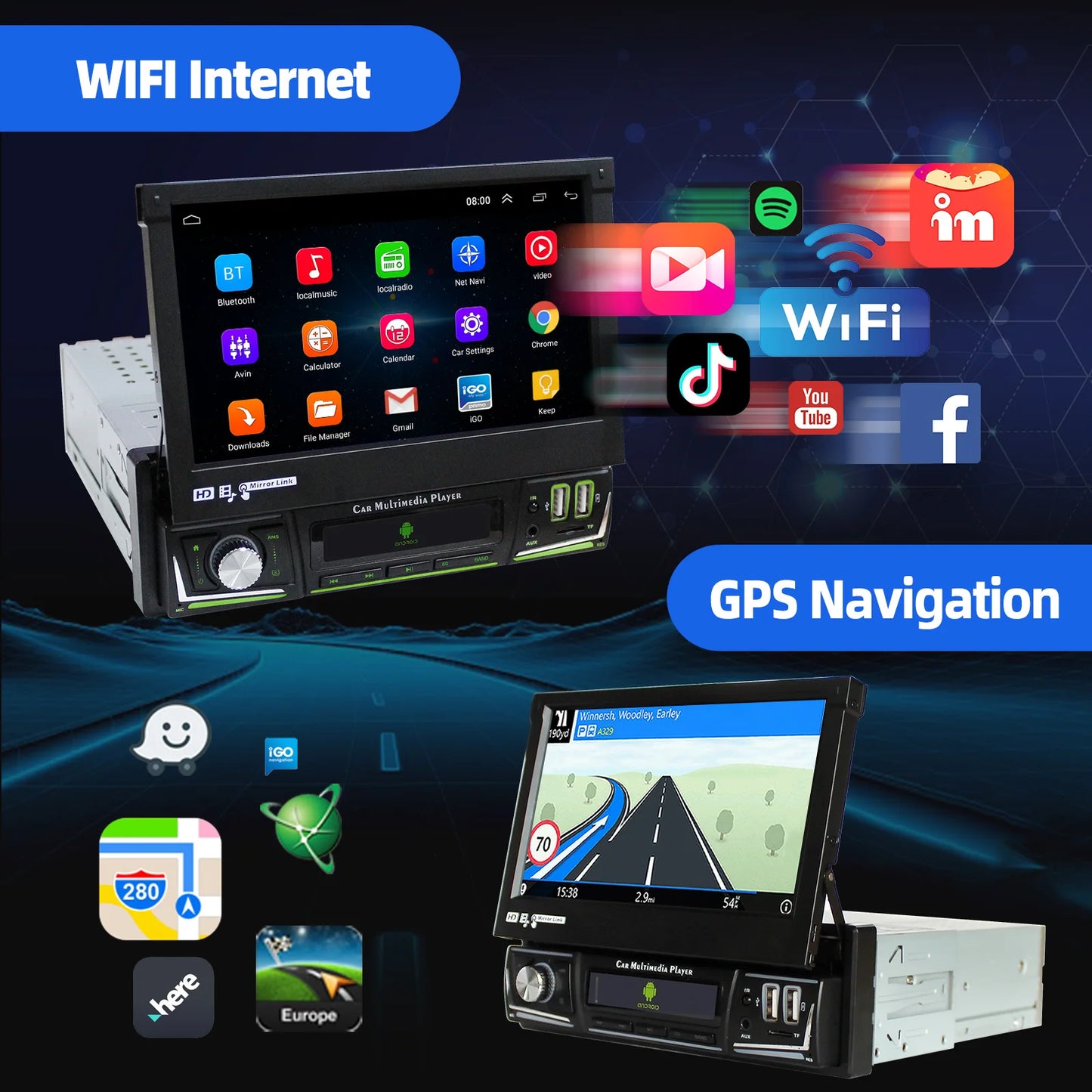 ESSGOO 1 DIN 7 Inch Flip Out Touchscreen 4+64G Android 14 Car Stereo Radio Apple Carplay GPS Navi Wifi FM RDS Bluetooth USB EQ
