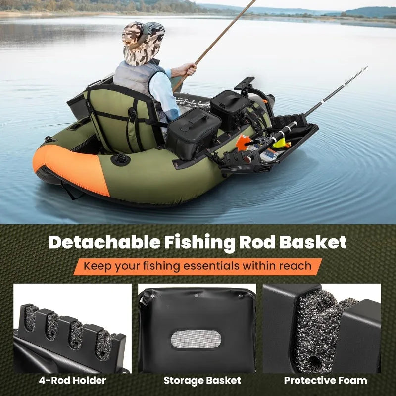 Goplus Inflatable Float Tube, Fishing Belly Boat w/ Fish Ruler,Pump,Storage Bag,Adjustable Straps,Fishing Float Tube for Angling
