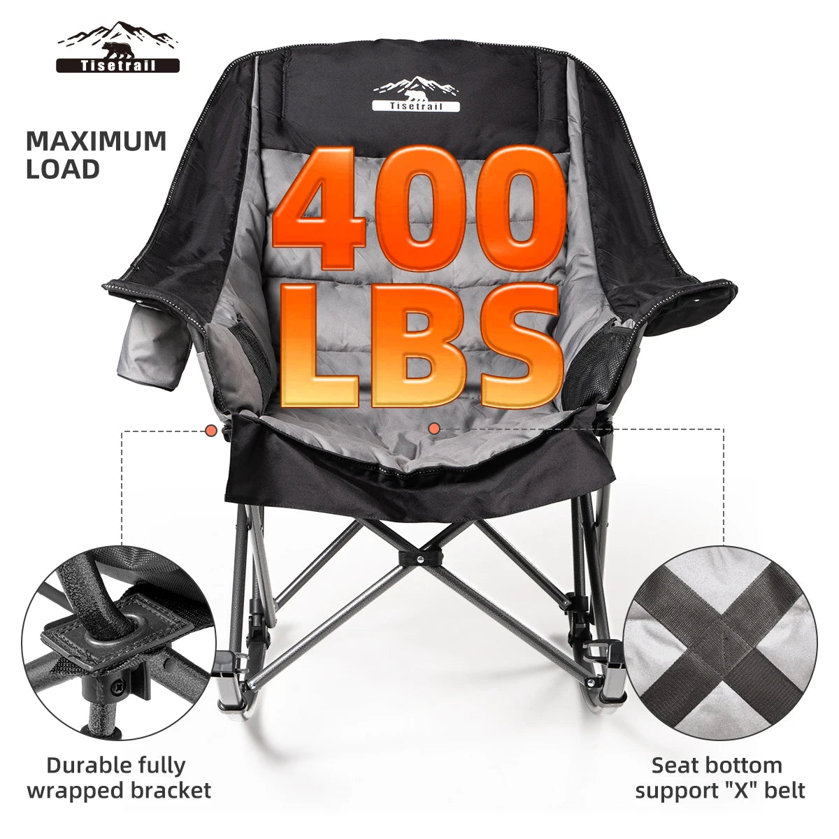 Tisetrail Oversized Rocking Camping Chair, Fully Padded Camp Chairs for Adults with Side Pocket and Cup Holder Heavy-Duty 400lbs