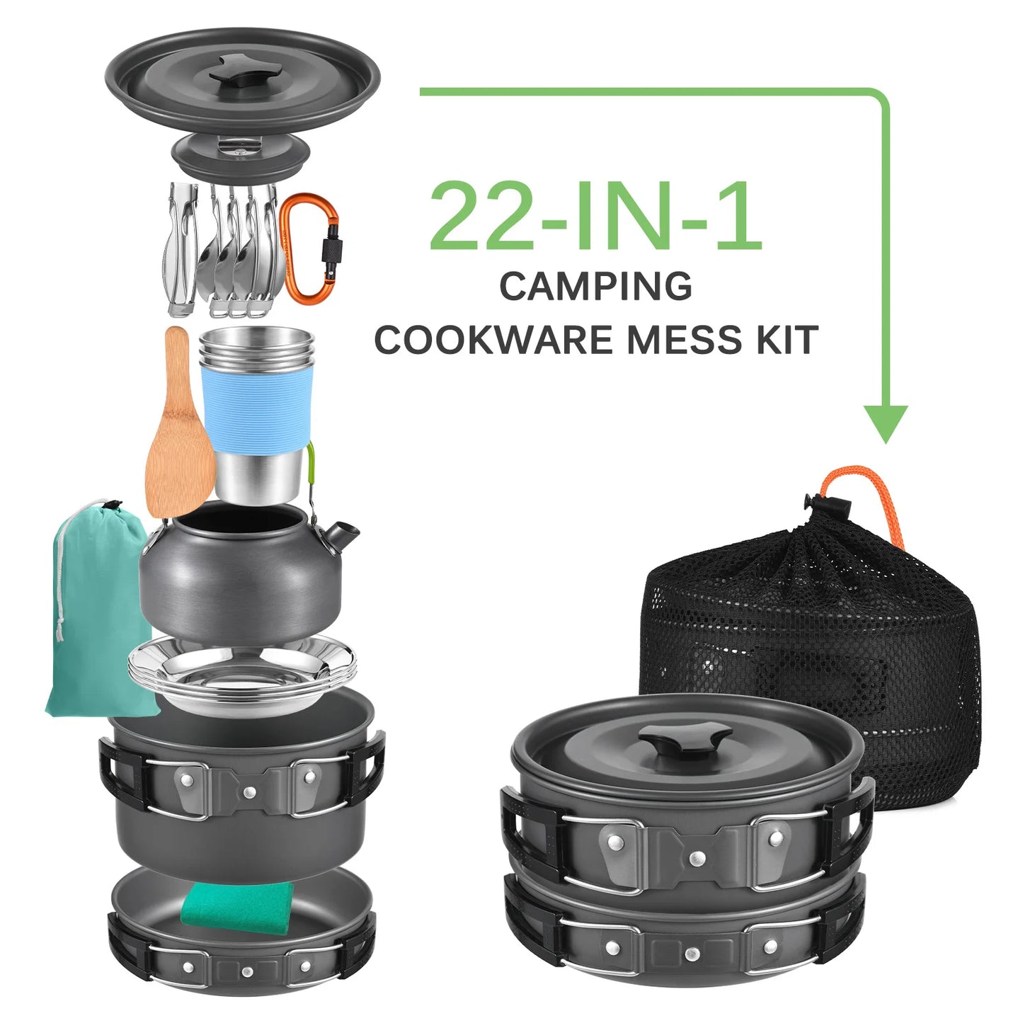 TOMSHOO 20pcs Outdoors Camping Pot Set Portable Aluminum Cookware Set