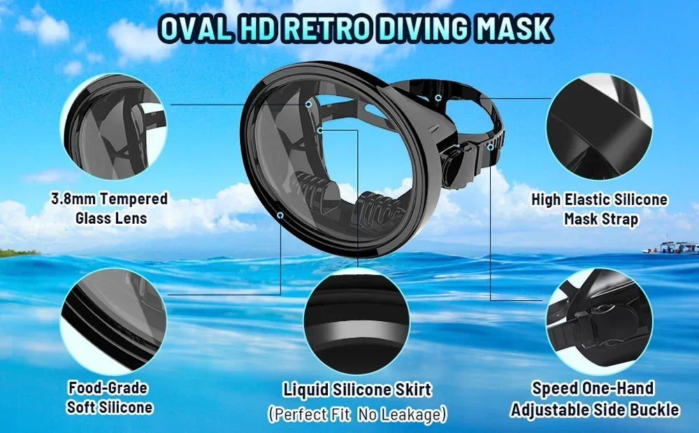 Oval Spearfishing Mask Classic Retro Panoramic View Goggles