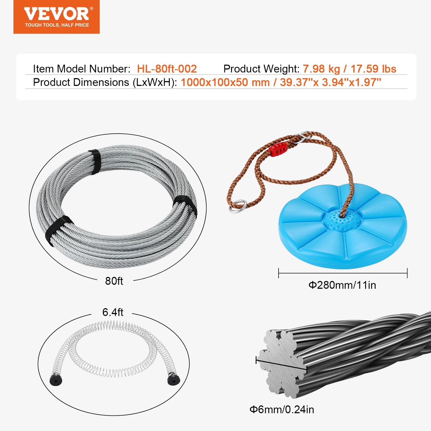 VEVOR 60/80/100/120 FT Zipline Kit Up to 500 lbs Backyard Outdoor Playground Entertainment Stainless Steel Safety Harness Seat