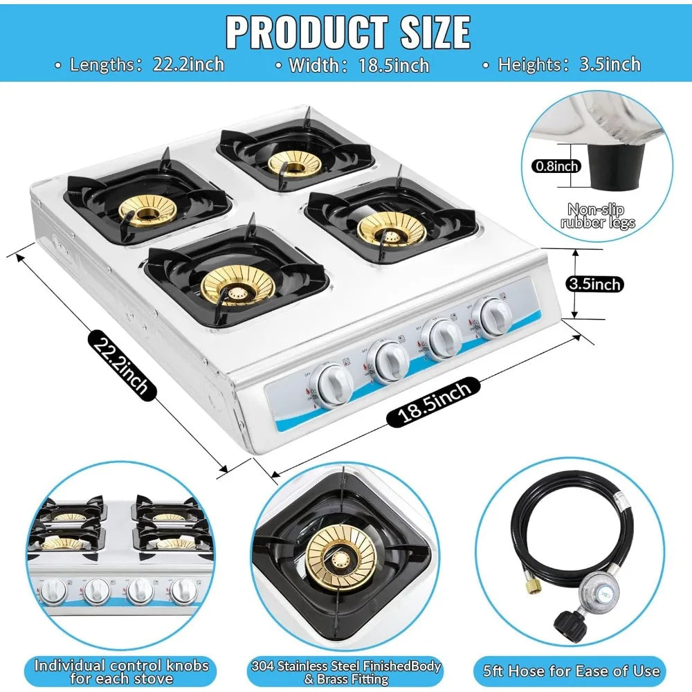 Propane gas stove, 4 burner Gas stove Portable gas stove automatic ignition camping Stainless steel stove 4 burner LPG RV