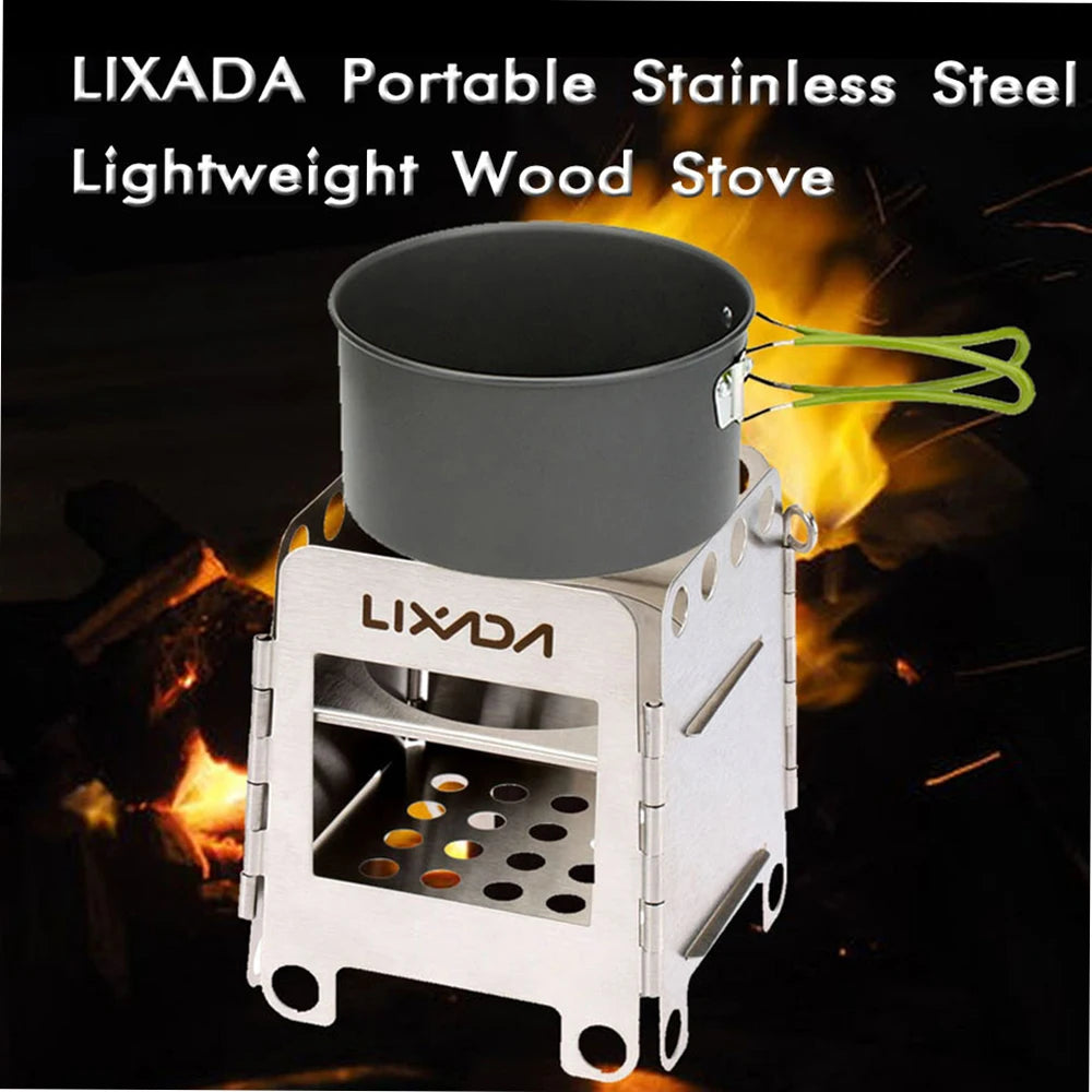 BBQ Stove Portable Stainless Steel Lightweight Folding Wood Stove Pocket Stove Outdoor Camping Cooking Picnic Backpacking Stove
