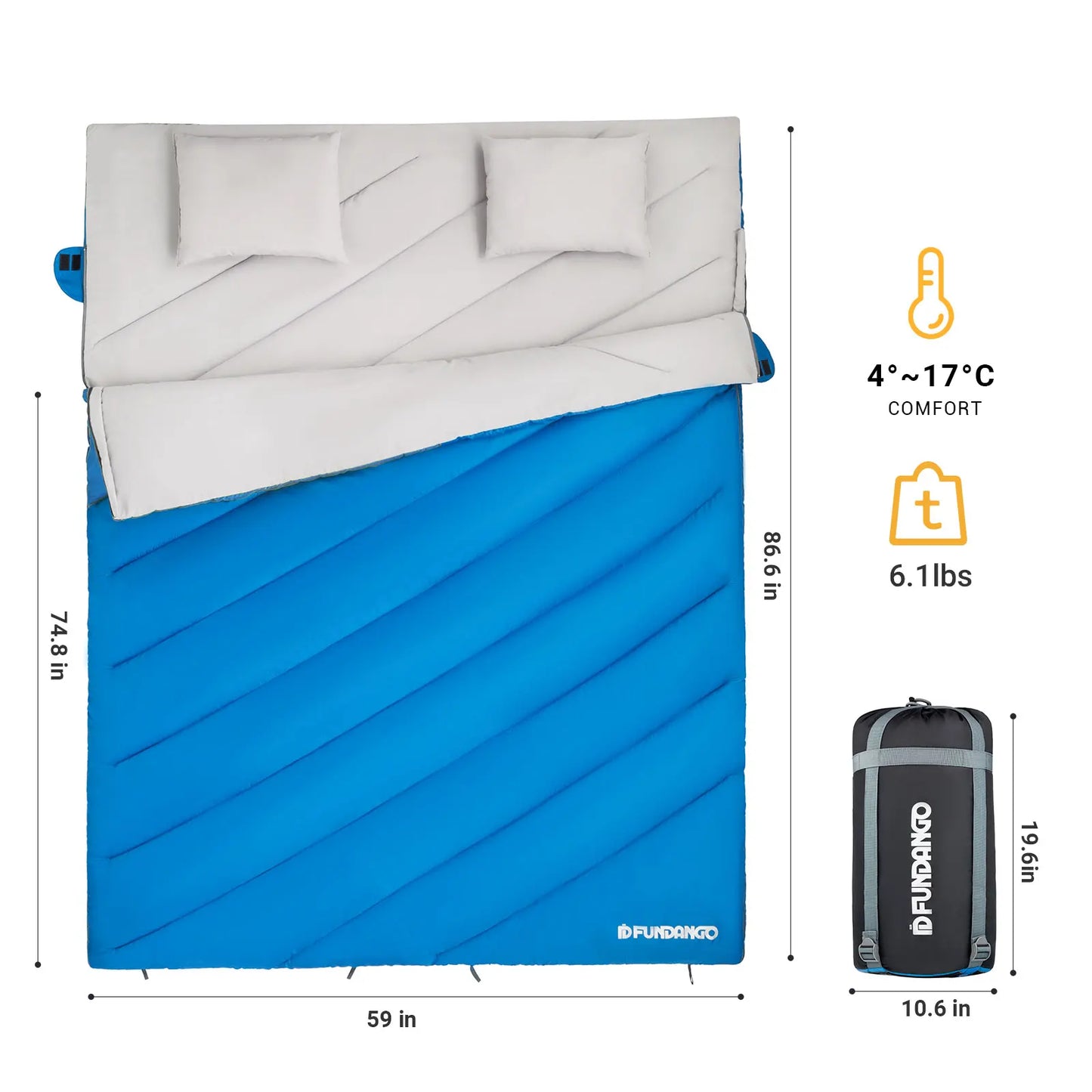 FUNDANGO 3-in-1 Double Sleeping Bag, Family Couple Camping Backpack Trip, Waterproof and Warm and Lightweight, with 2 Pillows