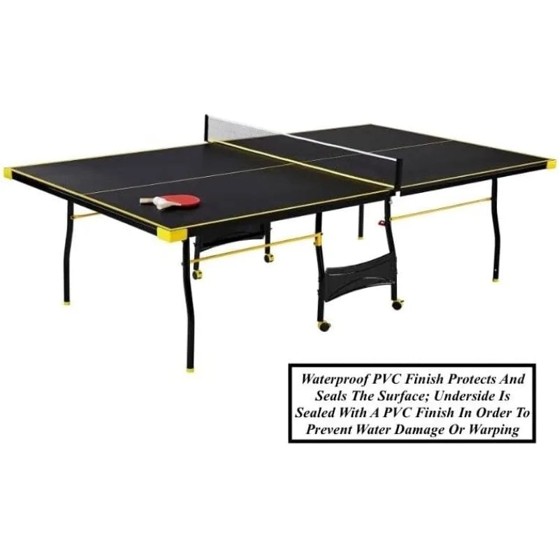 Black Yellow Folding Rolling Table Tennis Table Indoor Ping Pong Table with 2 Paddles 2 Balls 1 Net and Post Set 4 Wheels