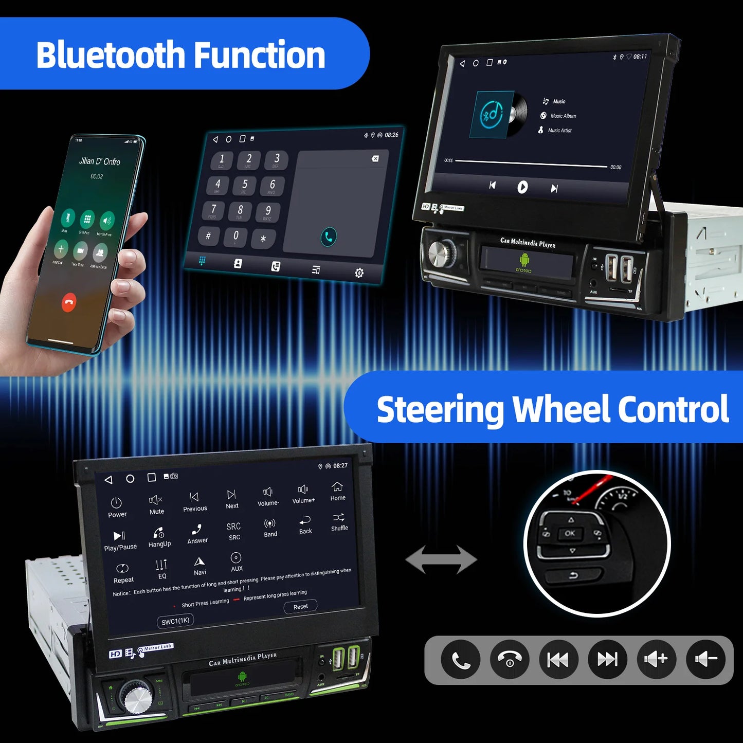 ESSGOO 1 DIN 7 Inch Flip Out Touchscreen 4+64G Android 14 Car Stereo Radio Apple Carplay GPS Navi Wifi FM RDS Bluetooth USB EQ