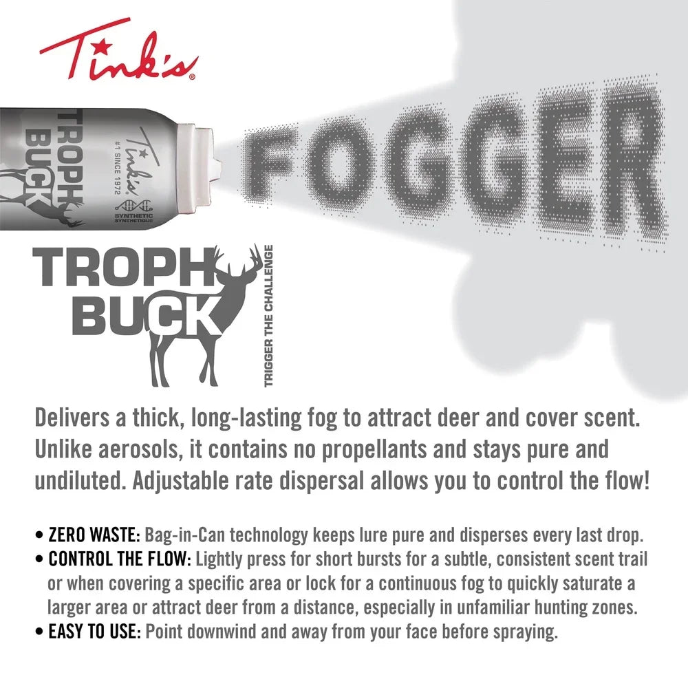 Synthetic Trophy Buck Urine Deer Lure Fogger 5oz Adjustable Spray Rate Long-Range Attractant Pure Scent Hunting Gear