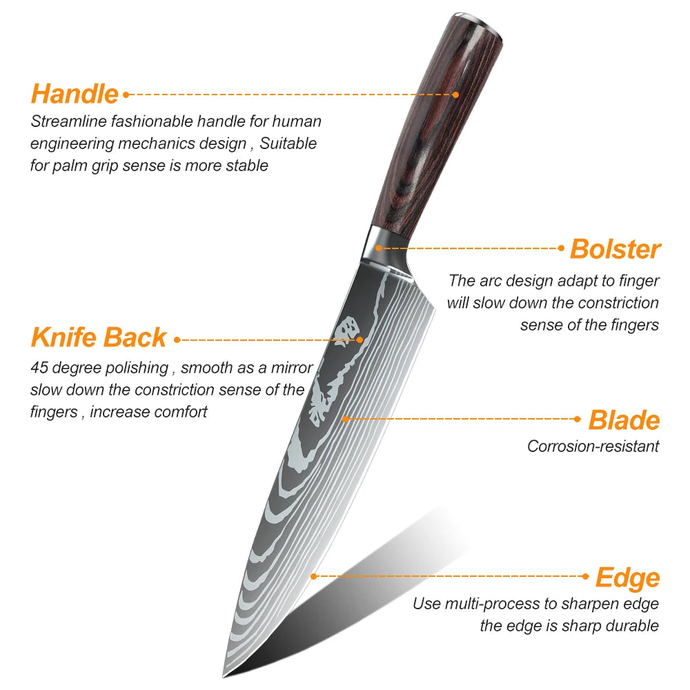 10pcs Kitchen Knives Set Laser Damascus Pattern Chef knife Ultra-Sharp Santoku Cleaver Slicing Utility Kitchen Knives Tool