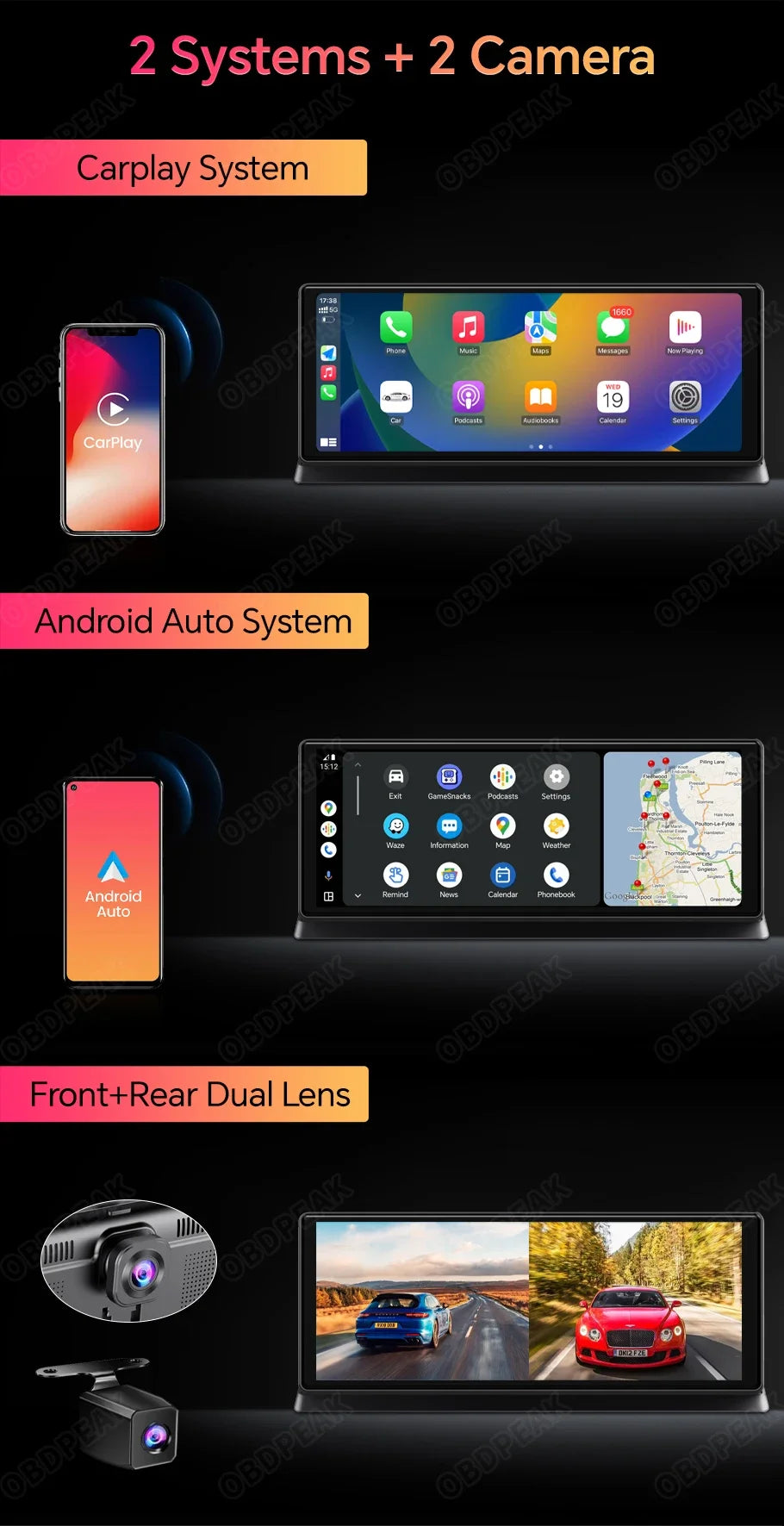 11.3 inch Car DVR 4K Dash Cam Dual Lens Wireless Carplay & Android Auto Video Recorder Monitor GPS Navigation 5G Wifi FM AUX