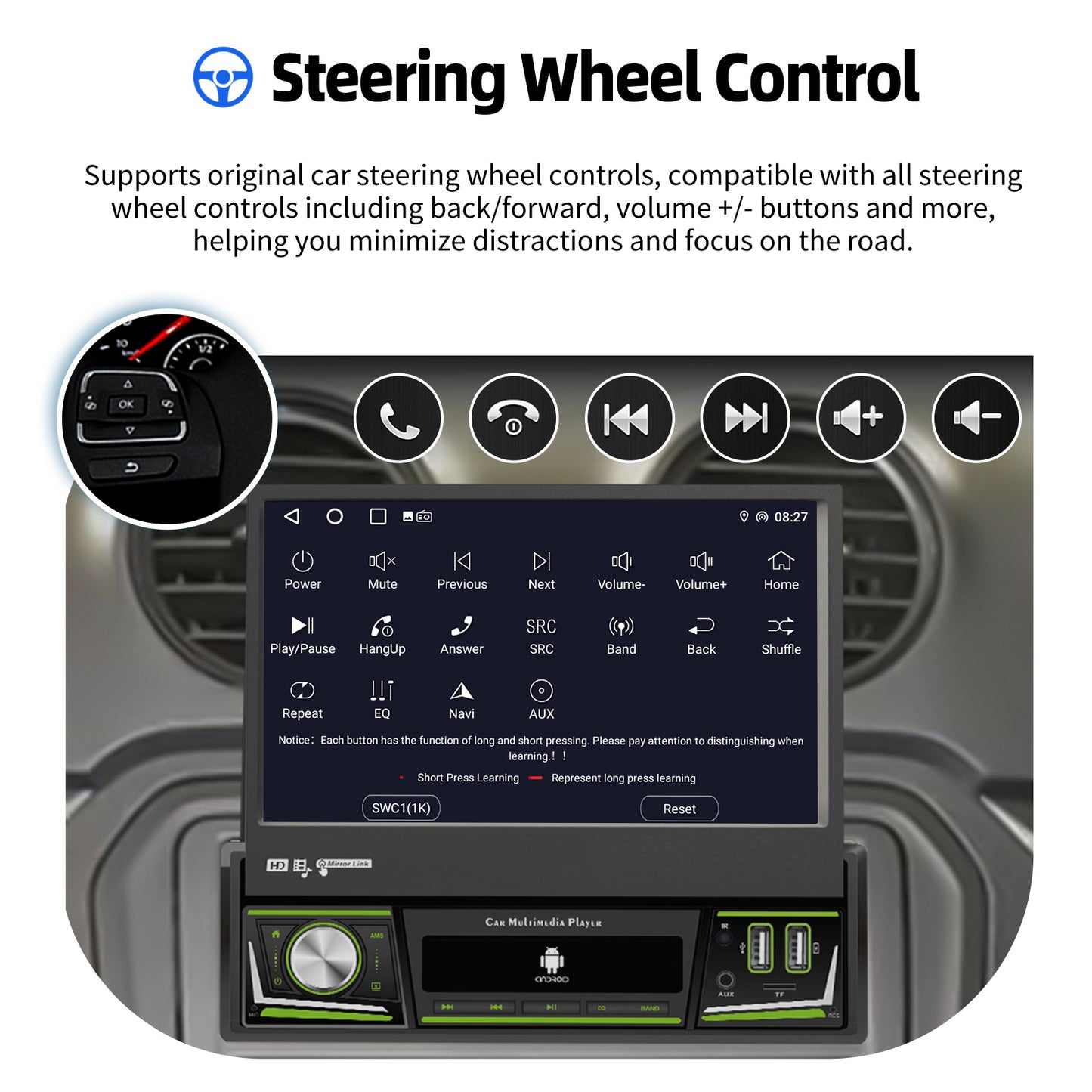 ESSGOO 1 DIN 7 Inch Flip Out Touchscreen 4+64G Android 14 Car Stereo Radio Apple Carplay GPS Navi Wifi FM RDS Bluetooth USB EQ
