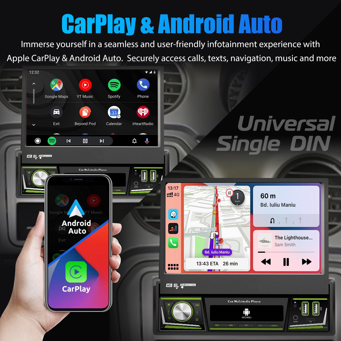 ESSGOO 1 DIN 7 Inch Flip Out Touchscreen 4+64G Android 14 Car Stereo Radio Apple Carplay GPS Navi Wifi FM RDS Bluetooth USB EQ