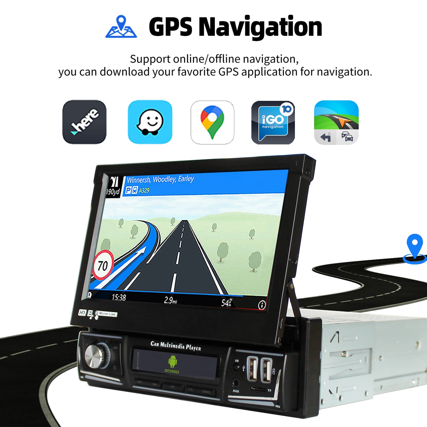 ESSGOO 1 DIN 7 Inch Flip Out Touchscreen 4+64G Android 14 Car Stereo Radio Apple Carplay GPS Navi Wifi FM RDS Bluetooth USB EQ