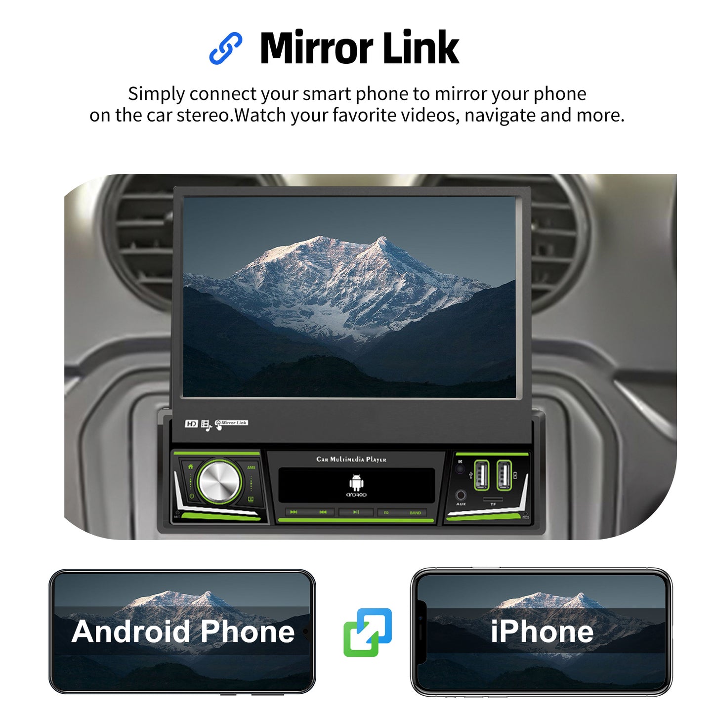 ESSGOO 1 DIN 7 Inch Flip Out Touchscreen 4+64G Android 14 Car Stereo Radio Apple Carplay GPS Navi Wifi FM RDS Bluetooth USB EQ