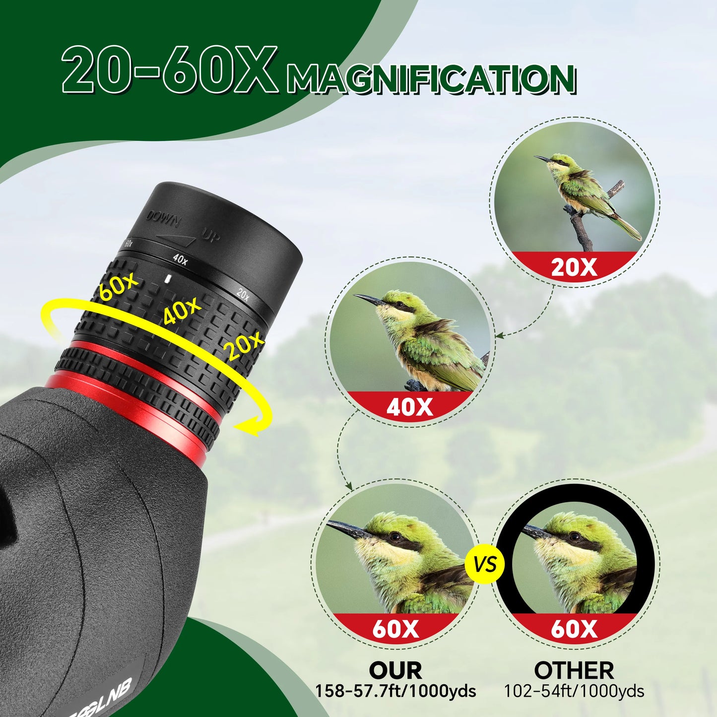 20-60X Zoom Spotting Scope 80mm Objective Lens Tripod For Hunting