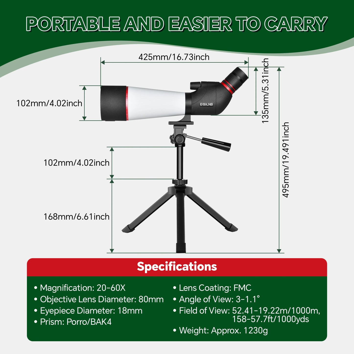 20-60X Zoom Spotting Scope 80mm Objective Lens Tripod For Hunting