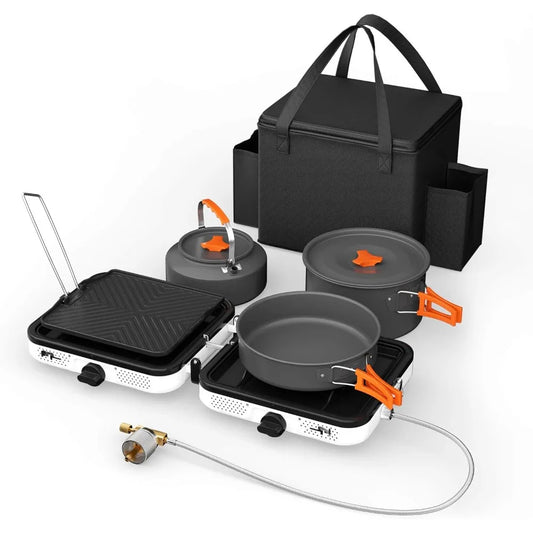 Portable 2-burner Camping Stove set Cookware, 20,000 BTU/h, outdoor cooking kit includes outdoor folding gas stove