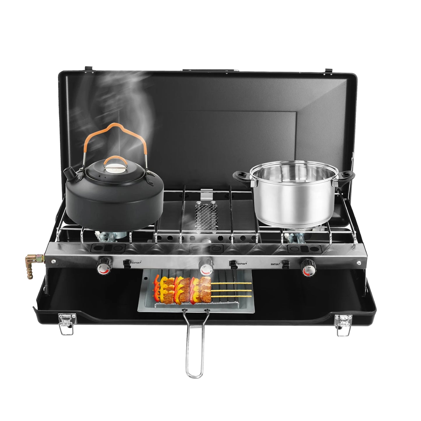 3 Burner Modern Portable Cooking Propane Butane Gas Camping Stove W/ Grid + Tray