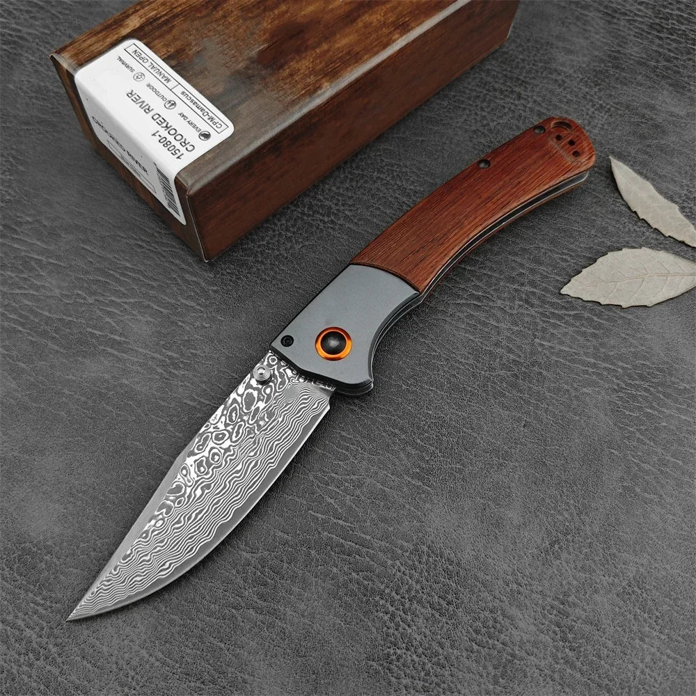 Damascus Steel Blade BM 15080 Crooked River Folding Knife Wooden / G10 Handles Outdoor Camping Pocket Knives EDC Tactical Tool