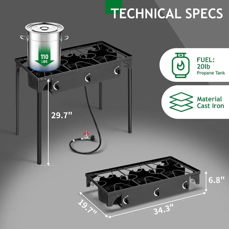 Outvita 3 Burner Propane Gas Stove for Outdoor Cooking, 225,000 BTU Camping Cooker with Removable Legs