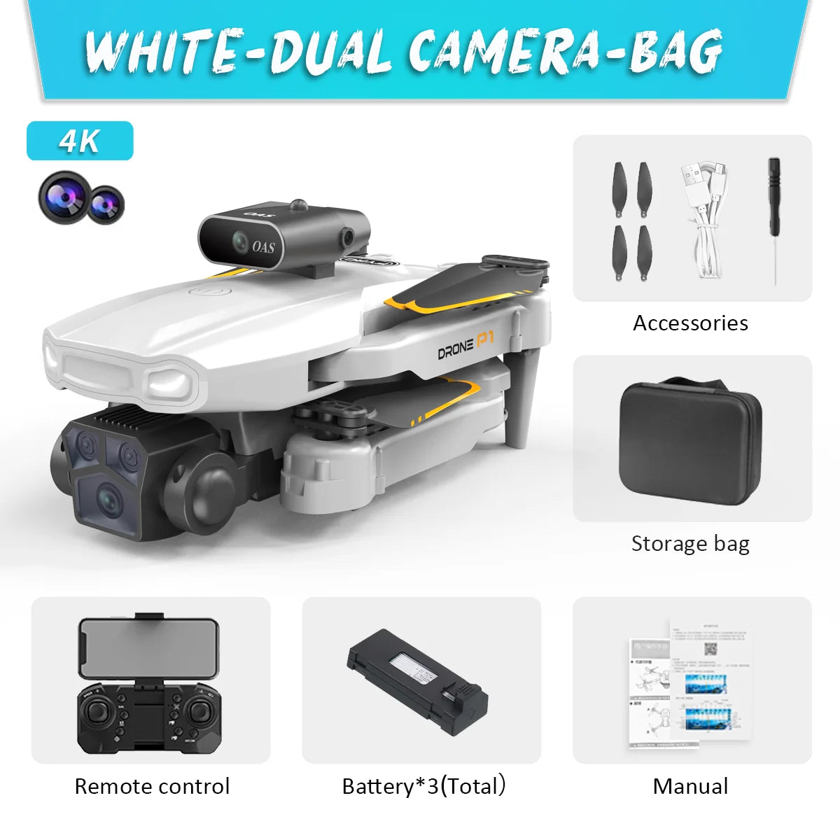 KBDFA P1 RC Drone Dual HD Camera FPV Foldable Quadcopter