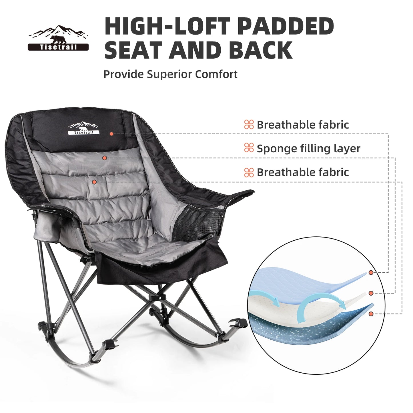 Tisetrail Oversized Rocking Camping Chair, Fully Padded Camp Chairs for Adults with Side Pocket and Cup Holder Heavy-Duty 400lbs