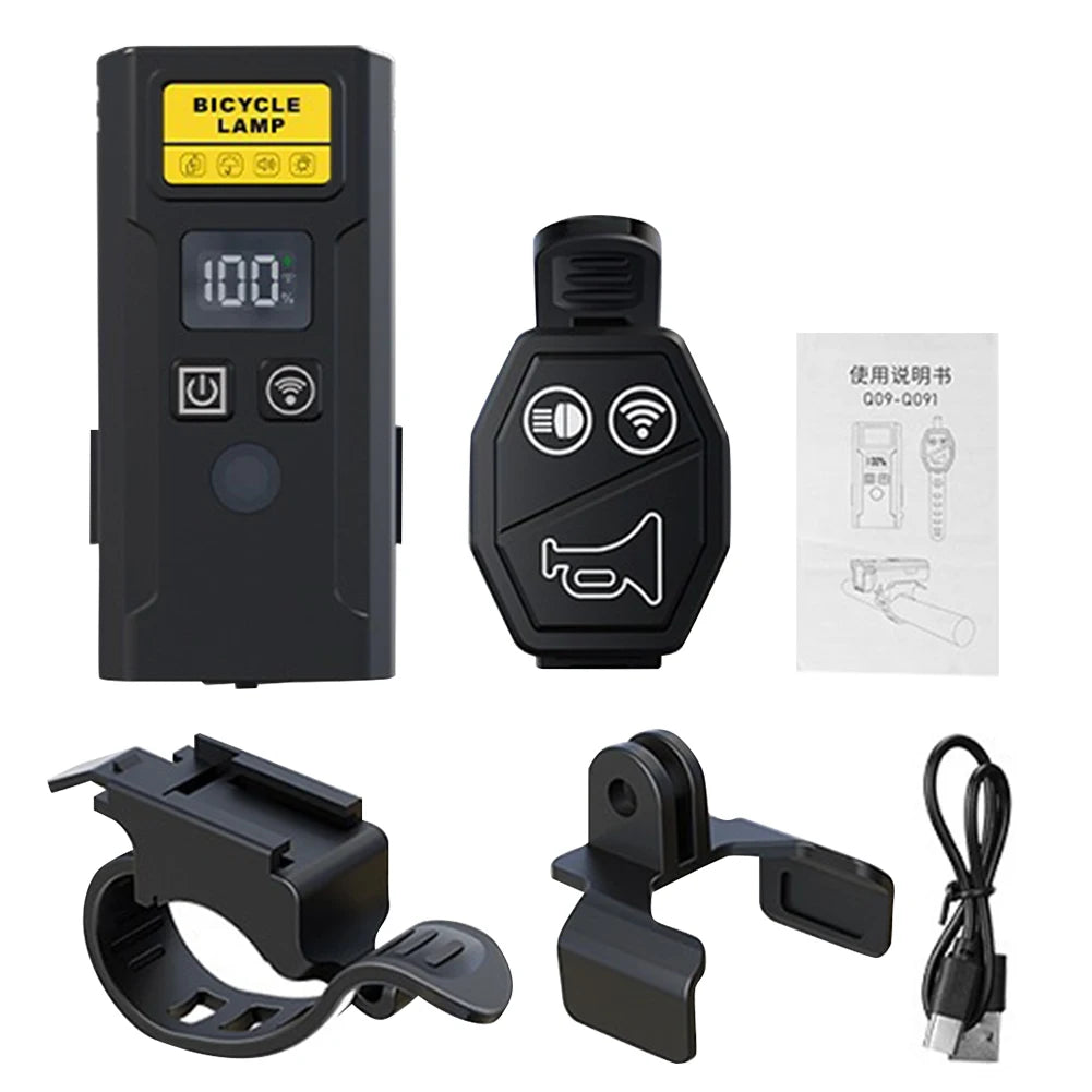 Bicycle Front Lamp with Horn Remote Control Bike Handlebar Flashlight Rechargeable Bike Headlight Flashlight for Night Riding