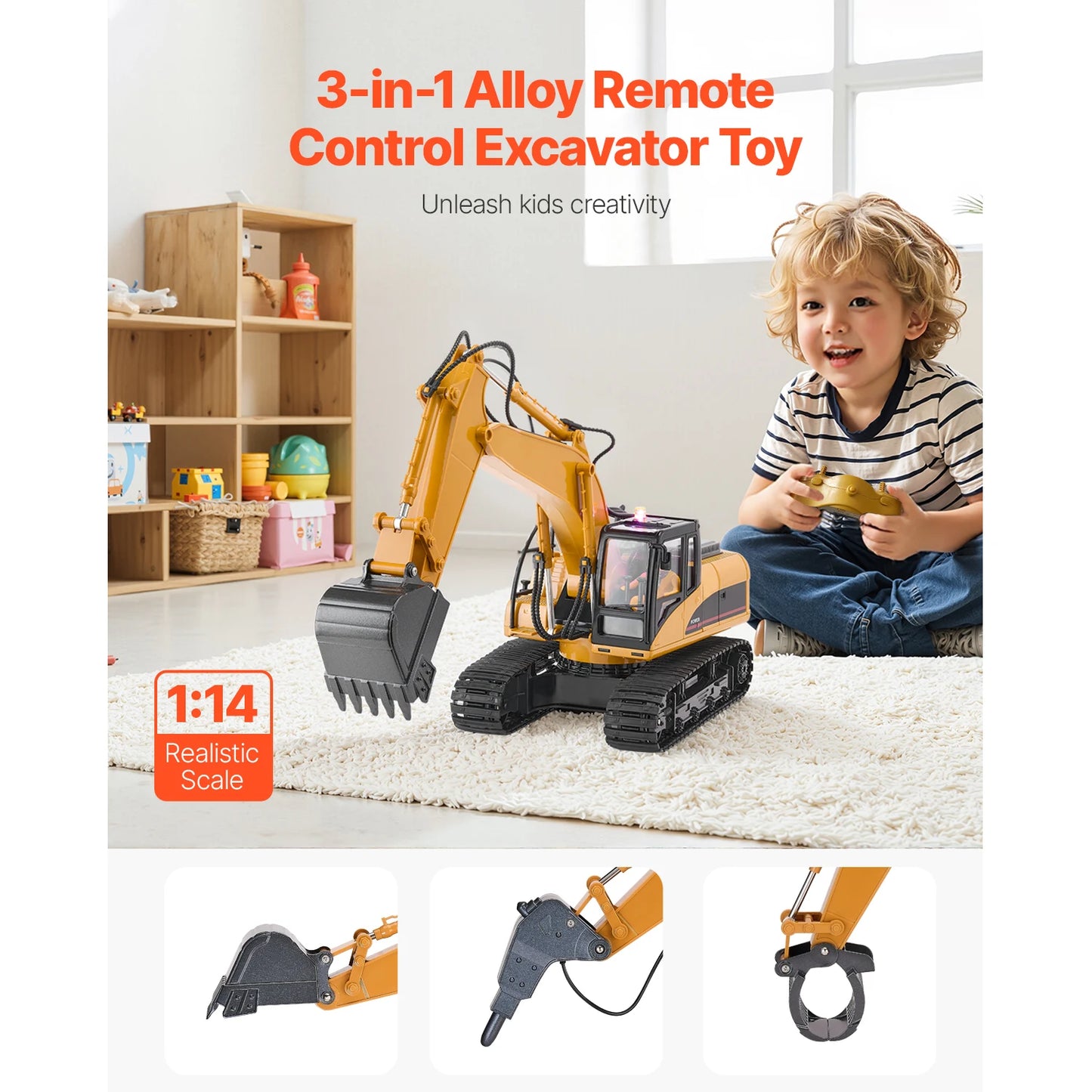 VEVOR 2.4G Remote Control Excavator Dump Truck 3 in 1 RC Model Car Digger Toy with Light & Sound Construction Vehicle for Kid