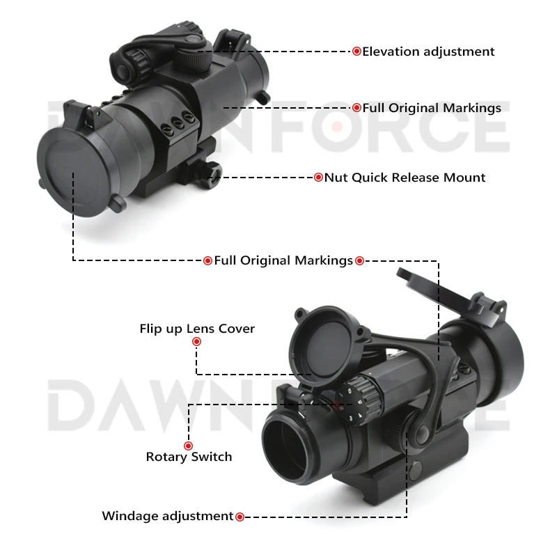 Holy Warrior M2 Red Dot with Basic / Oblique Mount 4MOA Reflex Sight and Lens Caps Full Markings for Hunting Airsoft