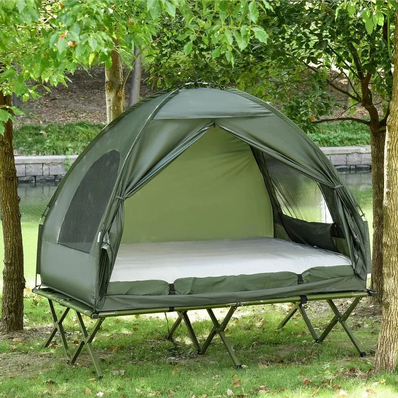 Outsunny 2 Person Foldable Camping Cot with Tent, Bedspread and Thick Air Mattress, 4-in-1 Elevated Camping Bed Tent