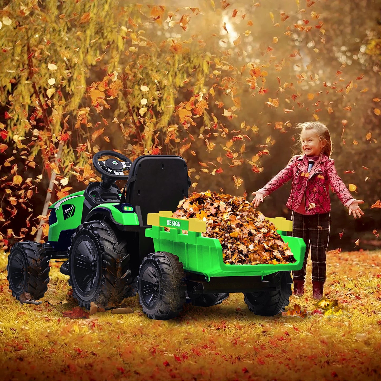 3 in 1 Ride on Tractor, Excavator & Bulldozer, 24V Electric Vehicle w/Trailer, Shovel Bucket, Digger, Remote Control, EVA Tires