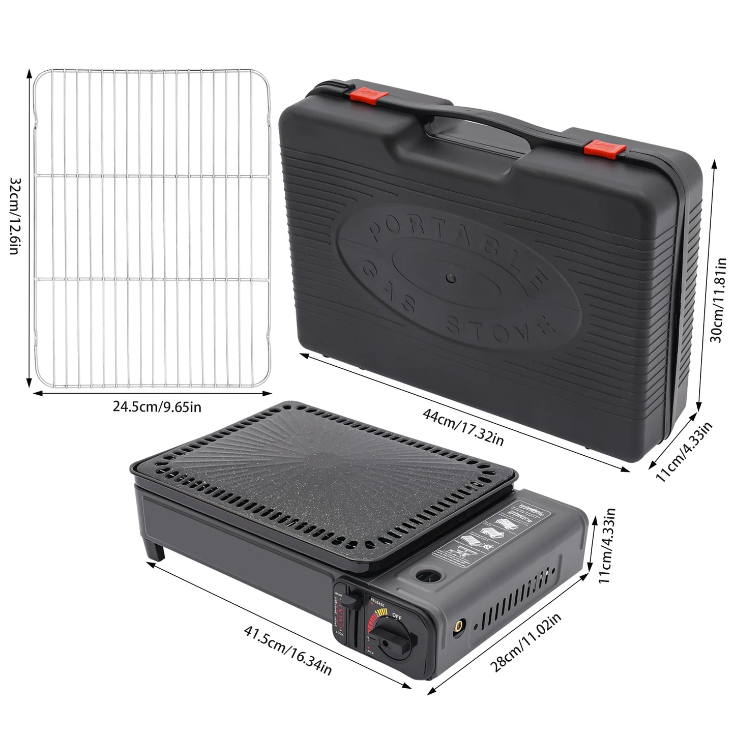 Portable Butane Camping Stove with 2 Gas Connections, Piezo-electric ignition Gas Grill Stove for Outdoor Cooking, Hiking