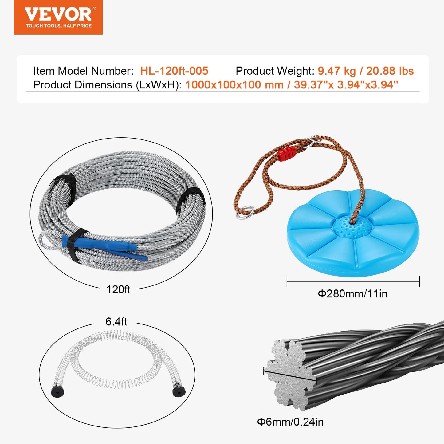 VEVOR 60/80/100/120 FT Zipline Kit Up to 500 lbs Backyard Outdoor Playground Entertainment Stainless Steel Safety Harness Seat