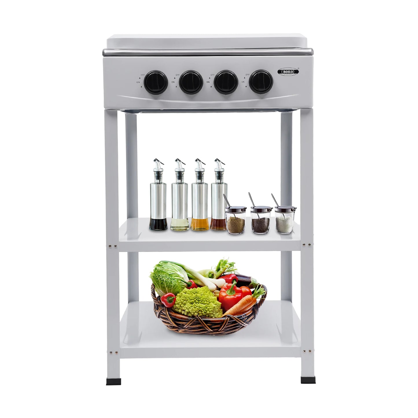 Portable Gas Stove 4 Burner with Support Leg Stand & Wind Blocking Cover Outdoor Manual Ignition Camping Stove with 2-Layer Rack