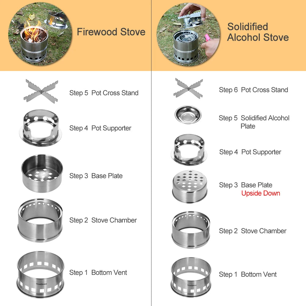New Camping Stove Backpacking Stove with Wood Ash Plate Foldable Handle Portable Folding Windproof Wood Burning Stove Compact