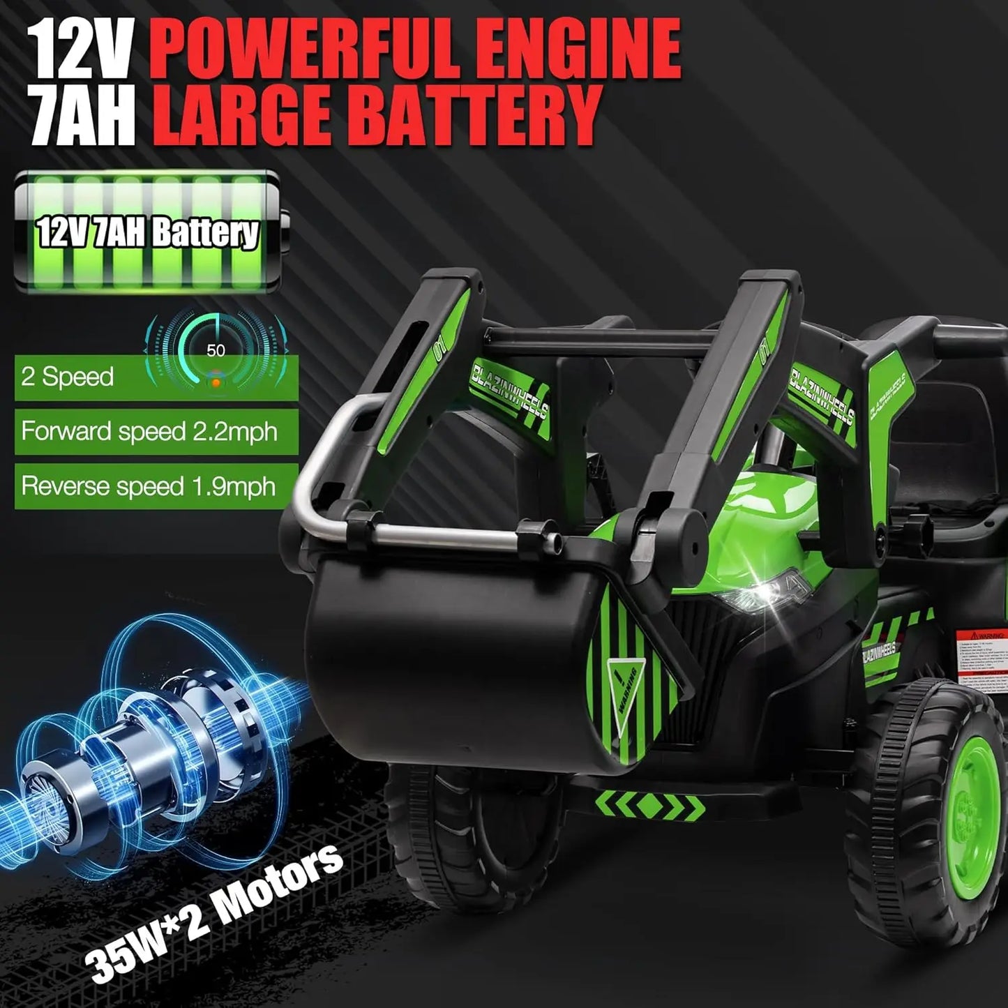 Kids 12V 3 in 1 Ride on Excavator & Tractor with Detachable Trailer, Ride on Car Toy with Remote Control, Digger, LED Lights