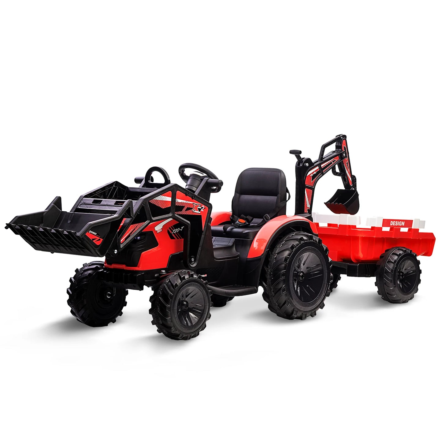 3 in 1 Ride on Tractor, Excavator & Bulldozer, 24V Electric Vehicle w/Trailer, Shovel Bucket, Digger, Remote Control, EVA Tires