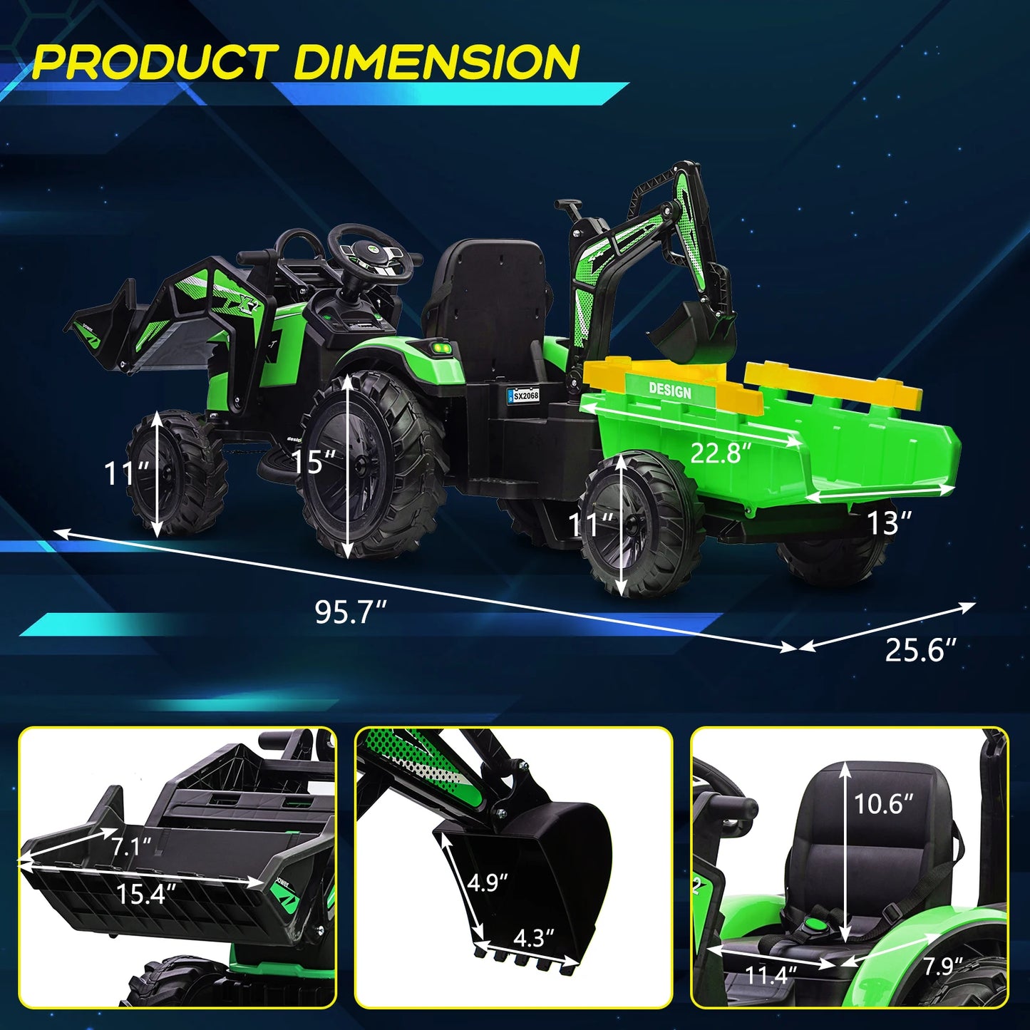 3 in 1 Ride on Tractor, Excavator & Bulldozer, 24V Electric Vehicle w/Trailer, Shovel Bucket, Digger, Remote Control, EVA Tires