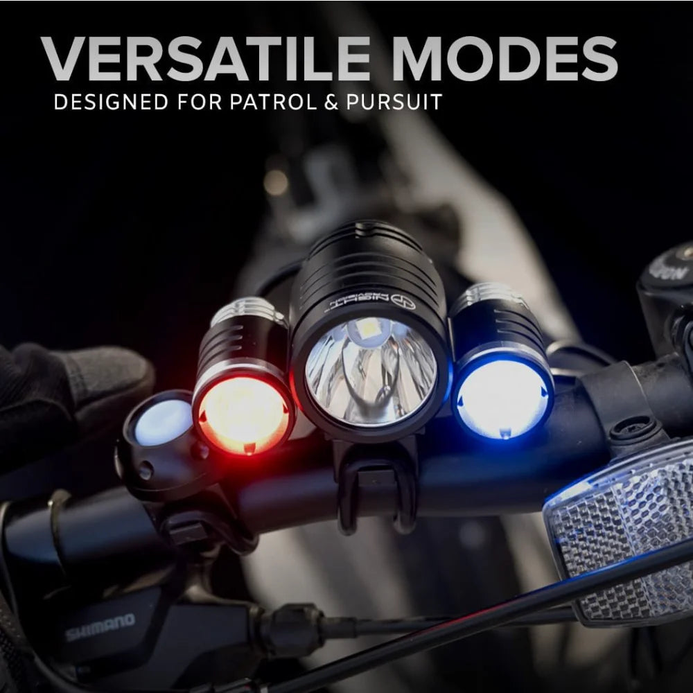 PS1200 Front & OPTIKS P220 Rear Police Patrol Bike Light - Red/Blue Strobe LED Rechargeable Water Proof - 5 Modes