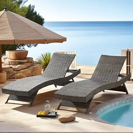 PE Rattan Adjustable Backrest Chaise Lounge Set 2 Poolside