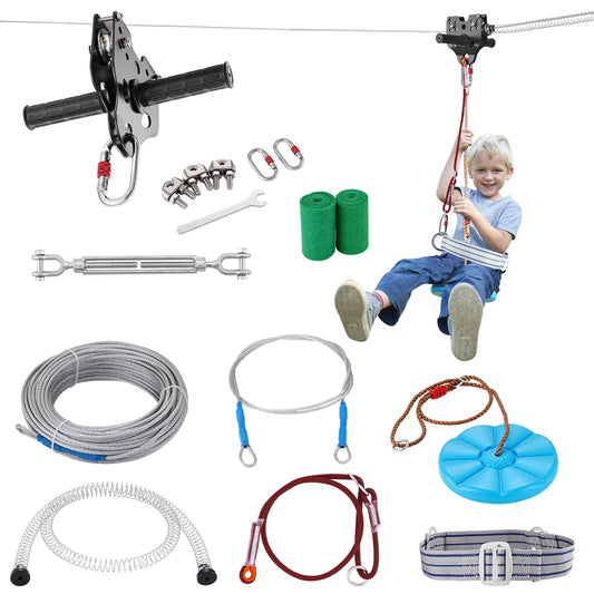 VEVOR 60/80/100/120 FT Zipline Kit Up to 500 lbs Backyard Outdoor Playground Entertainment Stainless Steel Safety Harness Seat