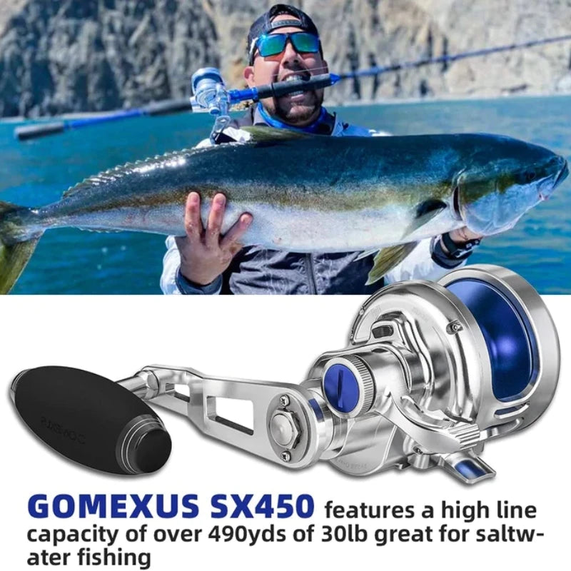 GOMEXUS Jigging Reel Large Capacity 6.3:1 66lbs Narrow Spool Smooth Conventional Saltwater Reel SX450 Gifts for Fishing Men