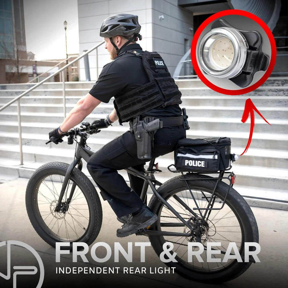 PS1200 Front & OPTIKS P220 Rear Police Patrol Bike Light - Red/Blue Strobe LED Rechargeable Water Proof - 5 Modes