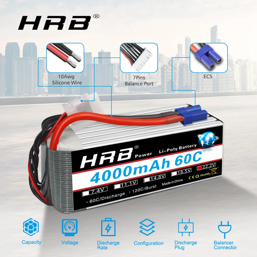 HRB 6S 22.2V 4000mAh 60C LiPo Battery XT90 EC5 Plug