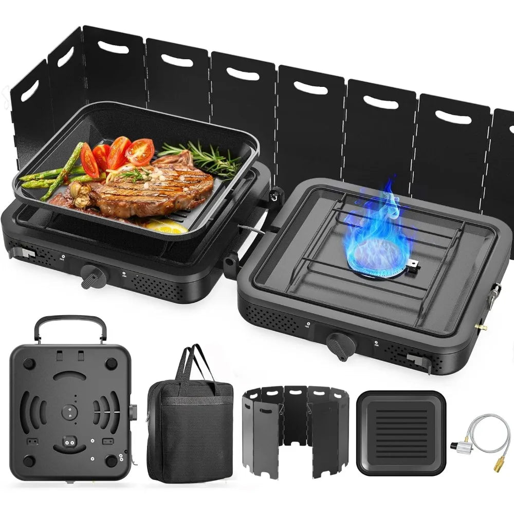 2 Burners Portable camping propane stove, 17,000 BTU camping stove, adjustable burner, outdoor cooking, barbecue