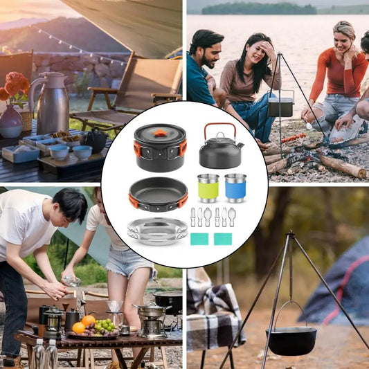 Camping Cookware Kit - Folding Pot, Pan, Kettle, Spoon, Fork, Cup for 2, Compact and Portable Non-Stick Metal Set