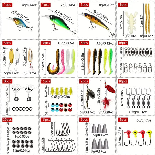 125pcs Complete Bionic Fishing Kit | Lifelike Hard/Soft Lures (4g-8g) + Adjustable Sinkers & Safe-Lock Hooks | All-in-One Tackle